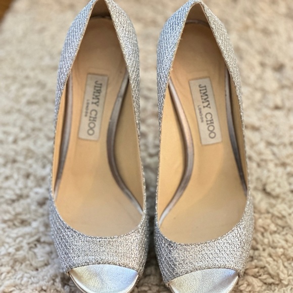 Jimmy Choo Luna 100 Glitter Fabric Platform Peep-Toe Pump, Size 39 - Picture 6 of 11